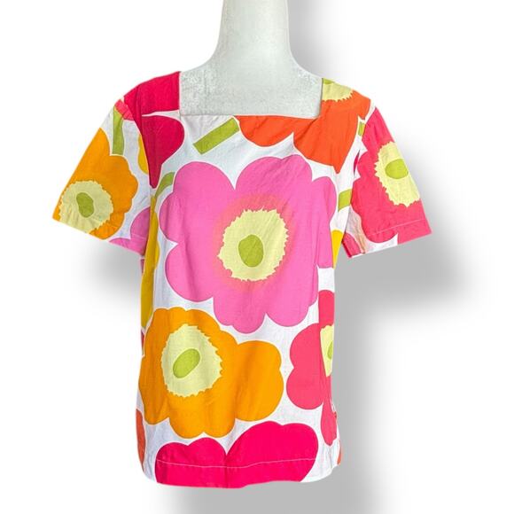 Handmade Mod Floral Square Neck Cotton Top OOAK Pink Orange Yellow Short Sleeve - Picture 2 of 9